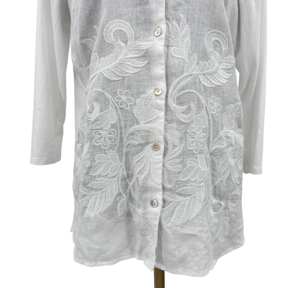 New J. Jill White Floral Embroidered Linen Button Front Long Sleeve Shirt Small - Picture 5 of 10